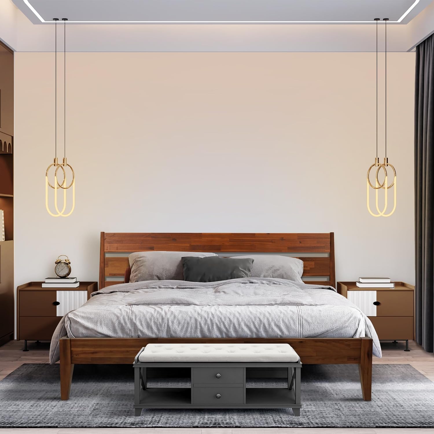 Acacia Emery Bed Frame with Headboard Solid Wood Platform Bed, Queen Size Bed Frame, Mid - Century Modern Wood Bed Compatible with All Mattresses, Easy Assembly, Non-Slip, Chocolate.