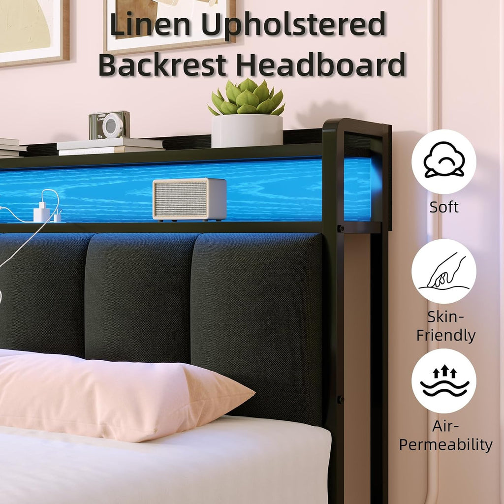 IMMERSTABLE Full Size Bed Frame with LED Lights and Charging Station, Upholstered Storage Headboard, Full Metal Platform Bed Frame with Metal Slats, No Box Spring Needed, Easy Assembly, Dark Grey