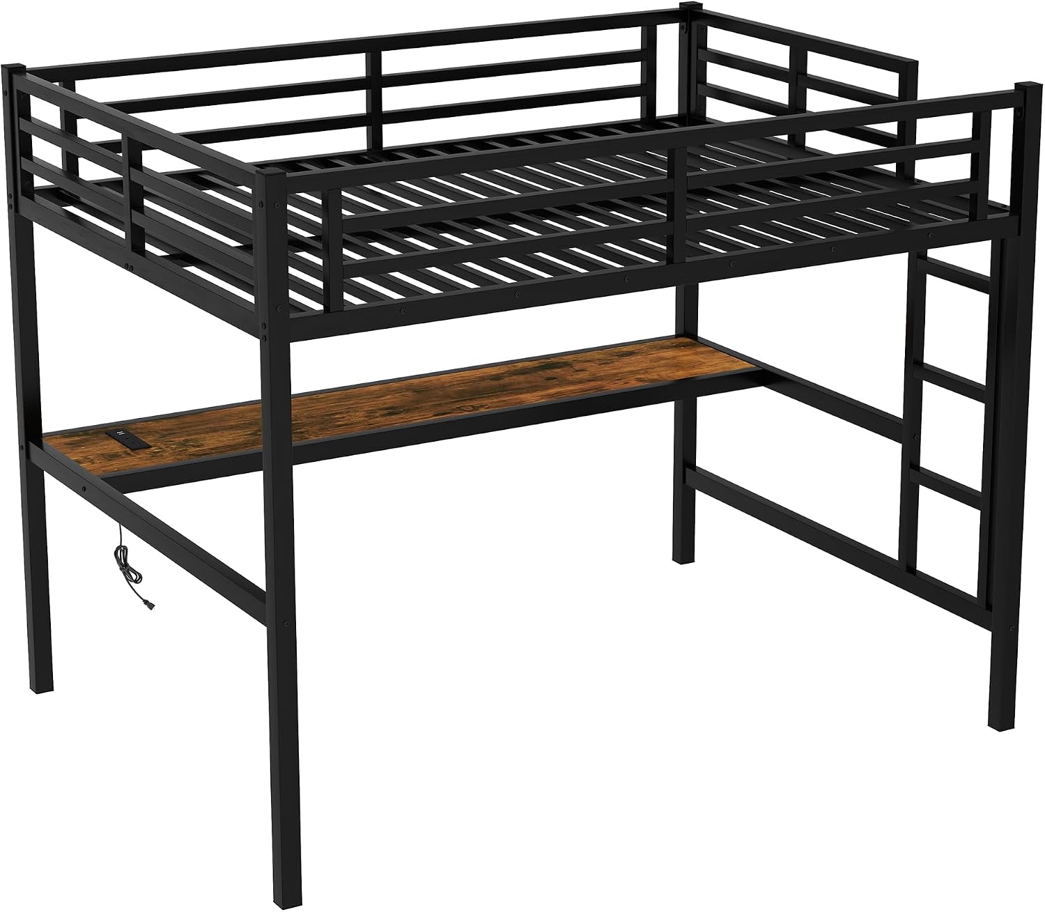 Bellemave Full Loft Bed with Desk, Metal Loft Bed Frame with Ladder, LED Lights and Power Outlet for Kids, Boys, Girls, No Spring Box Needed, Black