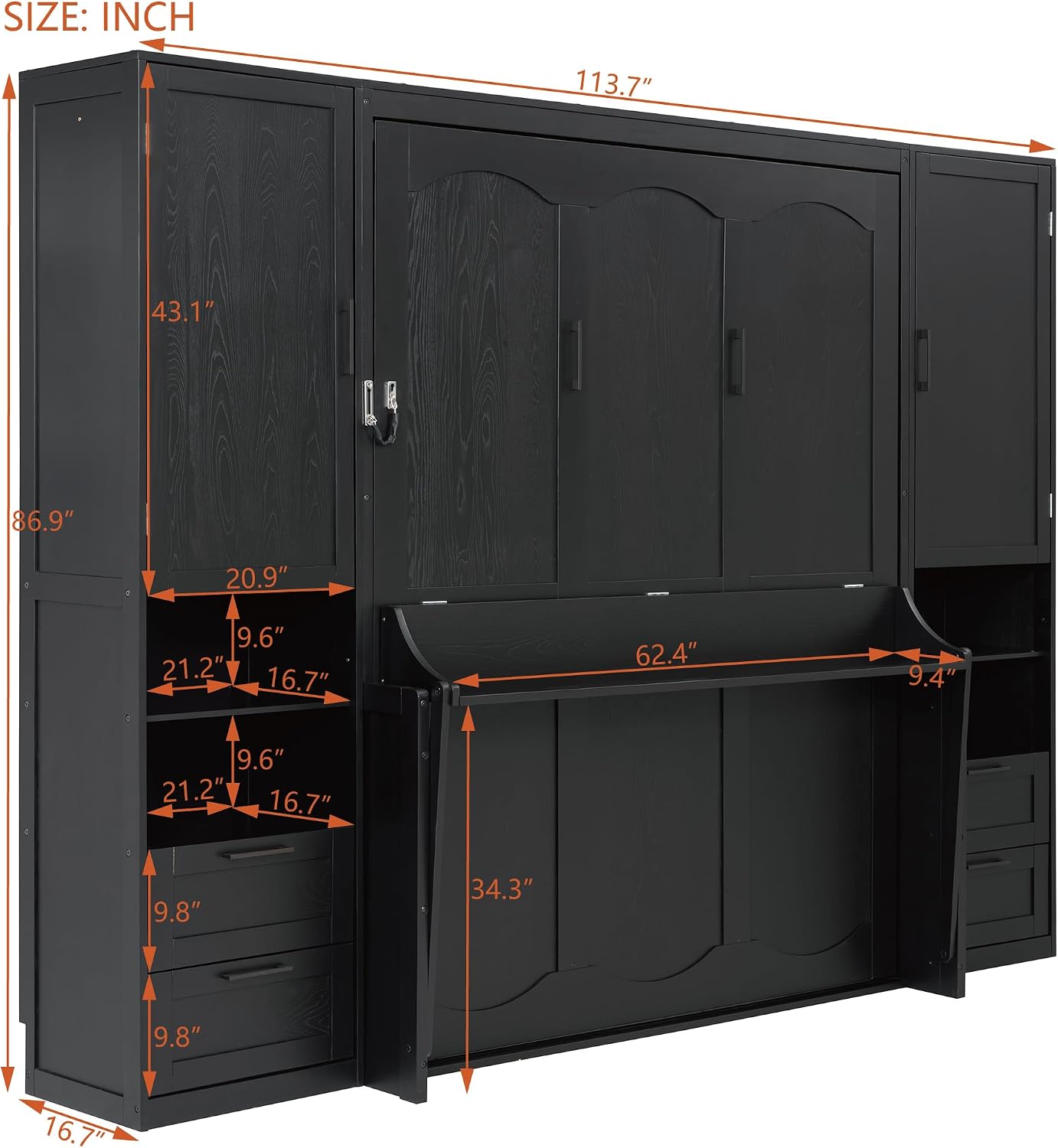 Merax Queen Size Murphy Bed with Desk, Multifunctional Foldable Wall Bed with Closet, Drawers and Shelves, Space-Saving Wood Bed Frame for Small Space Studio Study Office Guest Room, Black(Oak Veneer)