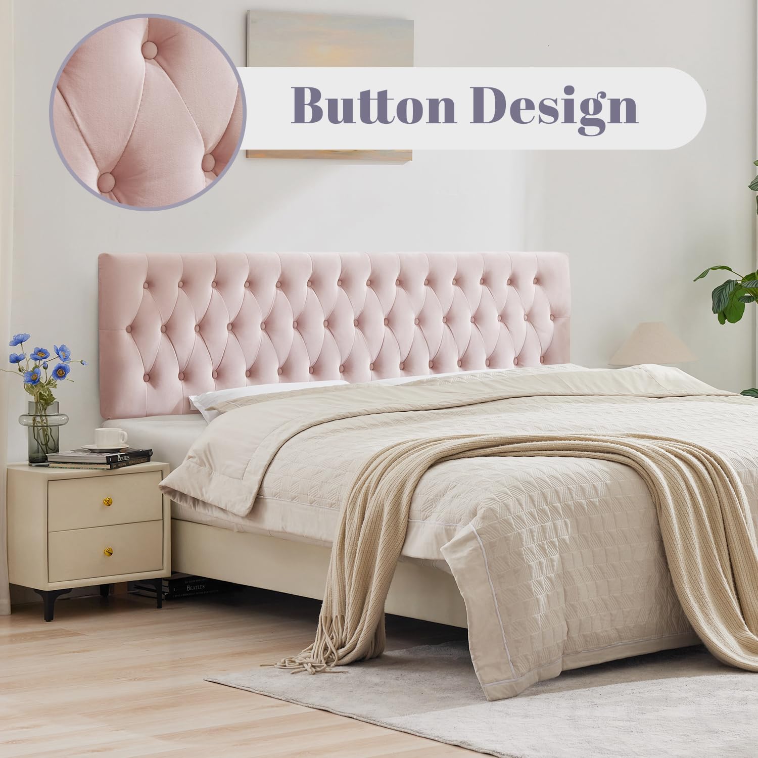 Kingfun Cal King Headboard only, Premium Velvet Upholstered Headboards in Modern Button Design, Tufted Bed Headboard, Adjustable Solid Wood Head Board (Pink)