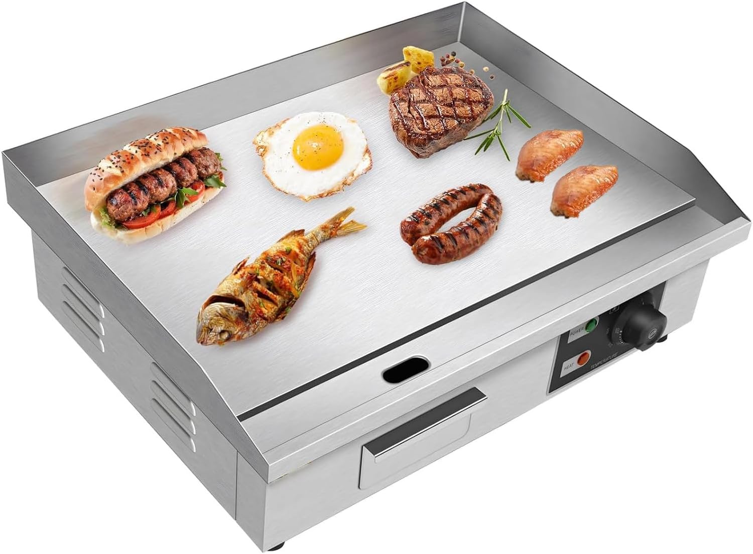 Commercial Electric Countertop Griddle Stainless Steel BBQ Flat Top Grill Hot Plate, Adjustable Thermostatic Control, Restaurant Grill for Kitchen