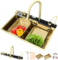 Kitchen sinks with multifunctional kitchen faucet, Gold stainless steel sink with cup washer, waterfall kitchen sink gray with complete accessory set (29.5'x18'x9', Gold)