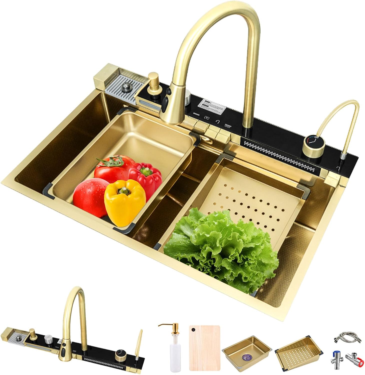 Kitchen sinks with multifunctional kitchen faucet, Gold stainless steel sink with cup washer, waterfall kitchen sink gray with complete accessory set (29.5'x18'x9', Gold)
