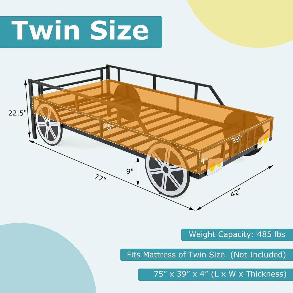 Costzon Twin Bed Frames for Kids, Car-Shaped Metal Bed with Wheels Decorations, Safety Guardrails, No Box Spring Needed, Fits Standard Twin Mattress (Mattress Not Included), Twin Bed for Boys Girls