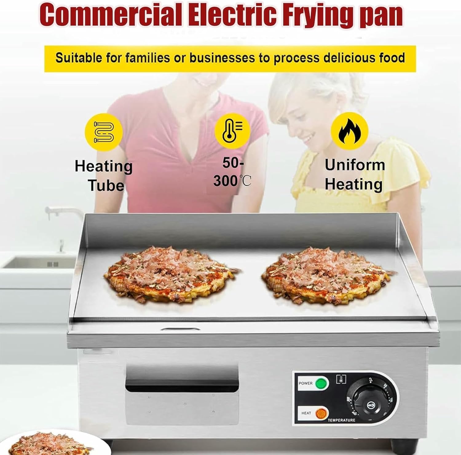 Commercial Electric Griddle,Countertop Flat Top Outdoor Griddles Hotplate 3KW BBQ Grill Mild Steel Steaks Business Catering Grill,
