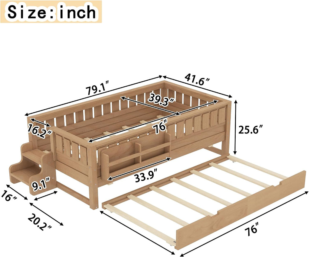 Bellemave Twin Bed with Trundle Twin and Stairs, Twin Size Platform Bed Frame with Fence and Bookshelf, Easy Assemble Beds for Kids, Girls, Boys, Natural