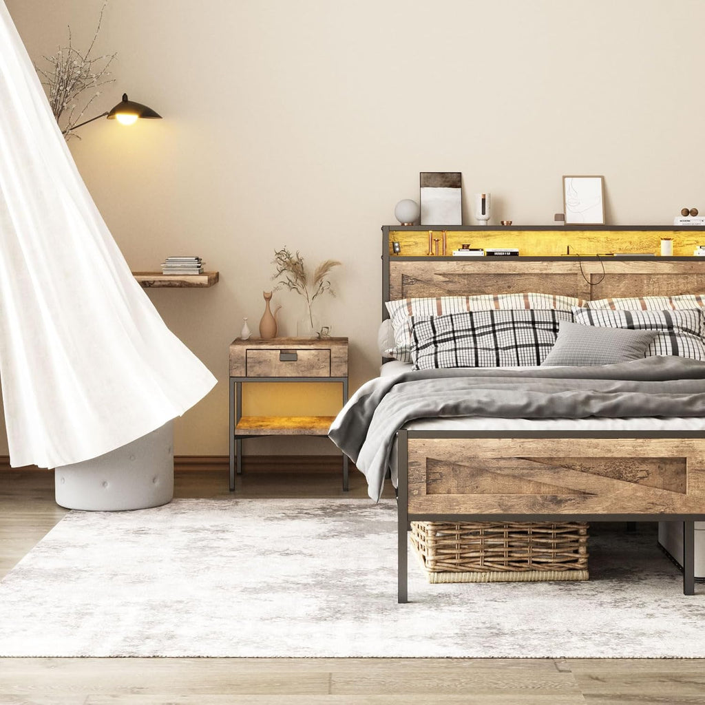Halitaa LED Queen Size Bed Frame with Charging Station, Platform Metal Bed with Headboard Storage & USB Ports Outlets, Farmhouse Bed Frame with Lights for Bedroom, Noise Free, Brown (Queen)
