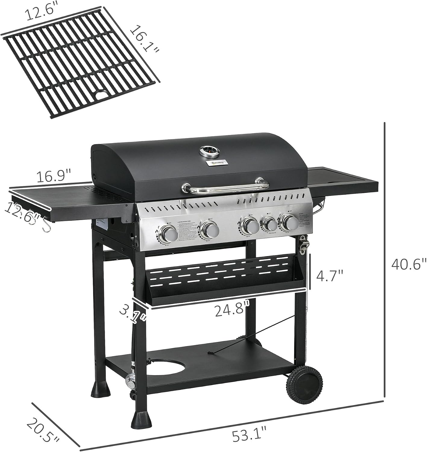 Outsunny 4 Burner Propane Gas Grill with Side Burner, 40,000 BTU Outdoor Barbeque Grill with 430 sq in Cooking Area, Wheels, Warming Rack, Shelves, Thermometer, Bottle Opener, Black