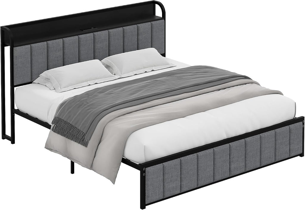 VECELO Queen Bed Frame, Storage Upholstered Headboard with Charging Station, Platform Bedframe, Heavy Duty Metal Slats, No Box Spring Needed, Noise-Free, Easy Assembly, Classic Grey