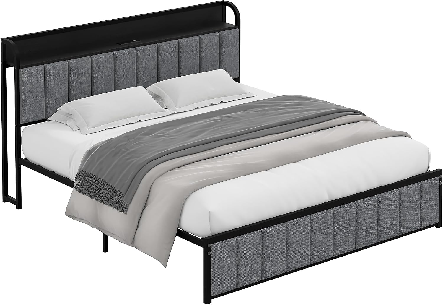 VECELO Queen Bed Frame, Storage Upholstered Headboard with Charging Station, Platform Bedframe, Heavy Duty Metal Slats, No Box Spring Needed, Noise-Free, Easy Assembly, Classic Grey
