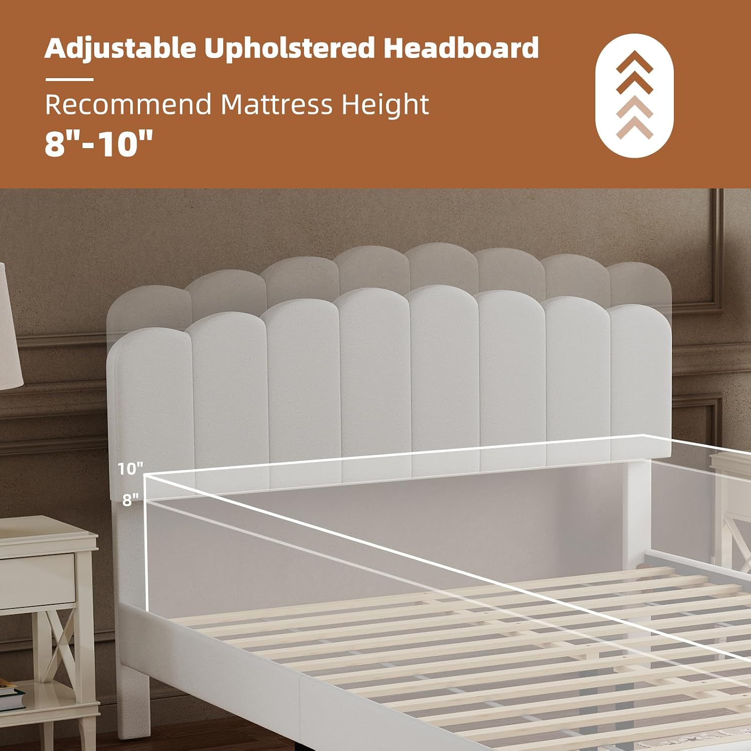 CANMOV Queen Size Bed Frame with Adjustable Headboard and Storage Drawer, Wool Upholstered Platform Bed Frame with White Ambient Light, Wooden Slats Support, White