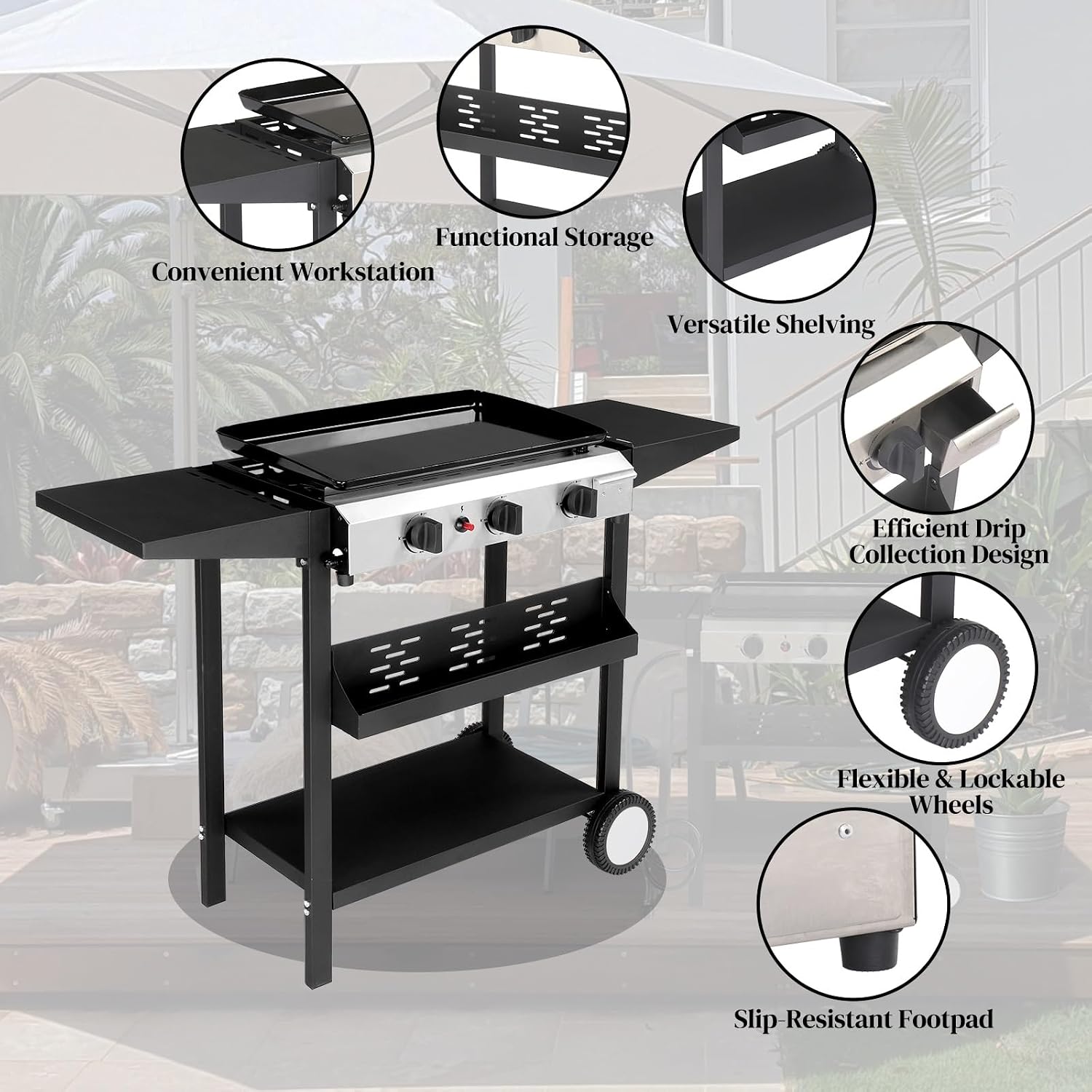 3-Burner Flat Top Gas Griddle Cooking Station with Ceramic Coated Cast Iron Pan, 30,000 BTU Propane Fuelled Griddle Station with Side Shelves & Spice Rack for Outdoor Barbecue Backyard Cookout