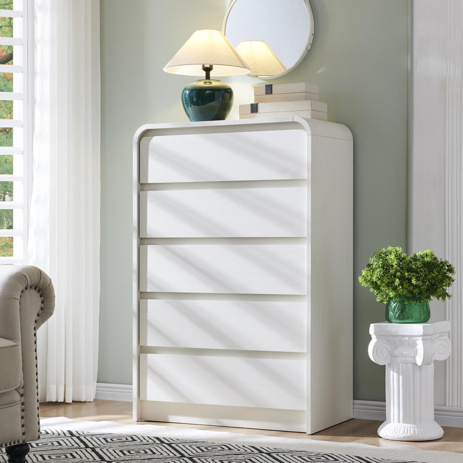 Aitjunz Modern 5 Drawers Dresser for Bedroom, 45' Tall Dressers & Chests of Drawers w/Curved Profile Design, Wood Mid Century Vertical Dresser w/Natural Texture for Bedroom, Living Room, Antique White