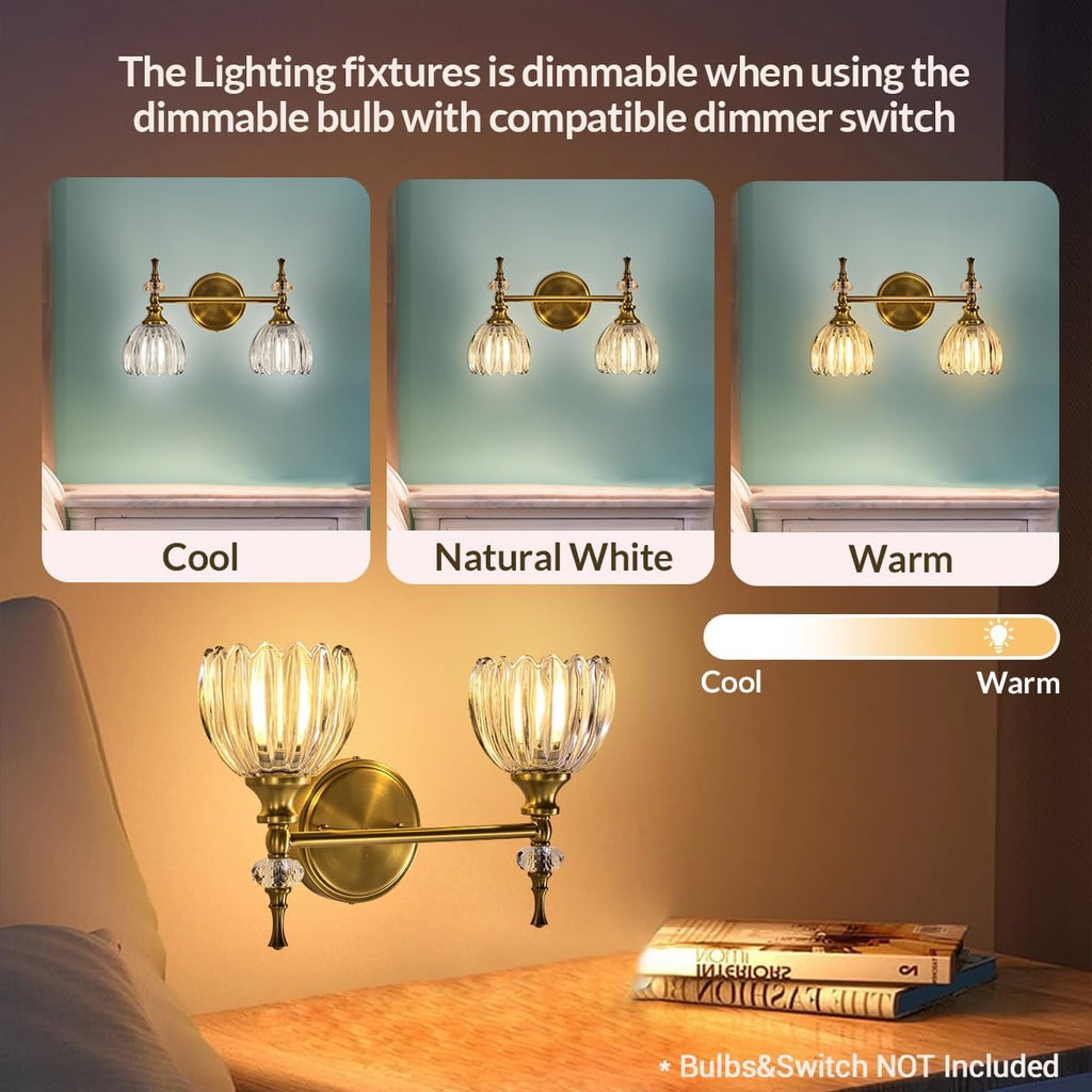 ANDY STAR Transitional 2-Light Bathroom Vanity Light, Brushed Gold Wall Sconce, Tulip Ribbed Glass with Crystal Accent, Reversible Mounting