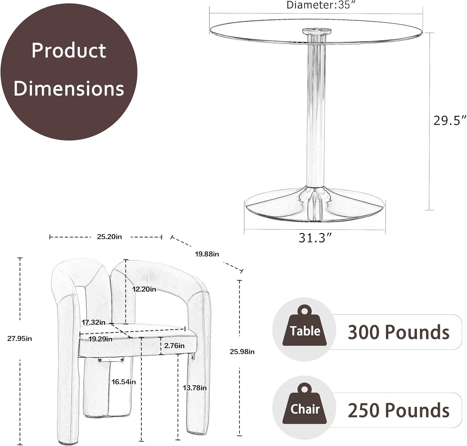 Round Glass Dining Set for 2, 3 Pieces Modern Luxury Circle Dinner Room Set, 35'' Small Minimalist Tulip Circular Kitchen Table Set, Beige Barrel Dining Chair, for Bedroom Apartment (Silver)