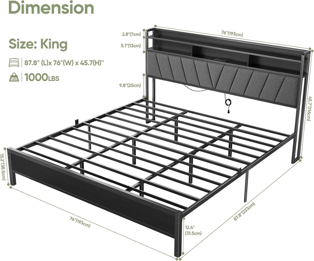 King Bed Frame with Wood Headboard, Metal Platform Bed with LED Lights & Charging Station, 2-Tier Storage Shelves, Sturdy and Easy Assembly, Under Bed Space, No Box Spring Needed, Noise Free, Black