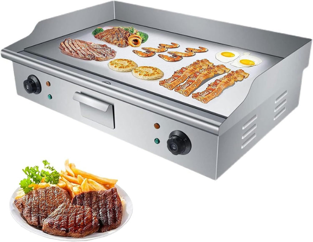 Commercial Electric Countertop Griddle Flat Top Grill Hot Plate BBQ, 4400W Teppanyaki Stainless Steel Grill with Dual Temperature Control 50-300℃ and Oil Leaking Hole for Kitchen Und Restaurant