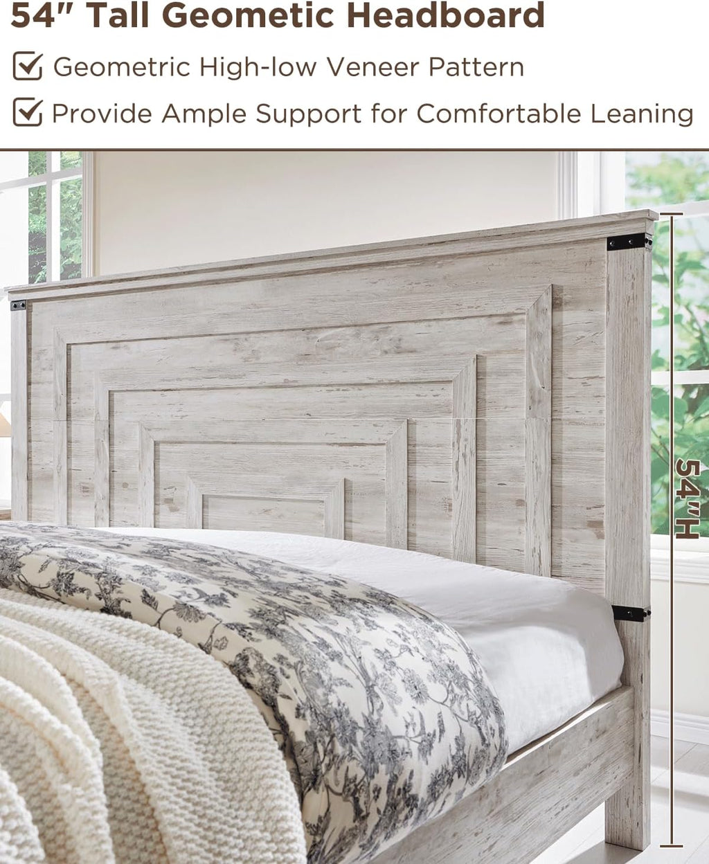 T4TREAM Farmhouse Queen Size Bed Frame with 54' Tall Geometric Headboard & 2 Large Storage Drawers, Rustic Wood Platform Bed with Wood Slats Support, No Box Spring Needed, Antique Brushed White
