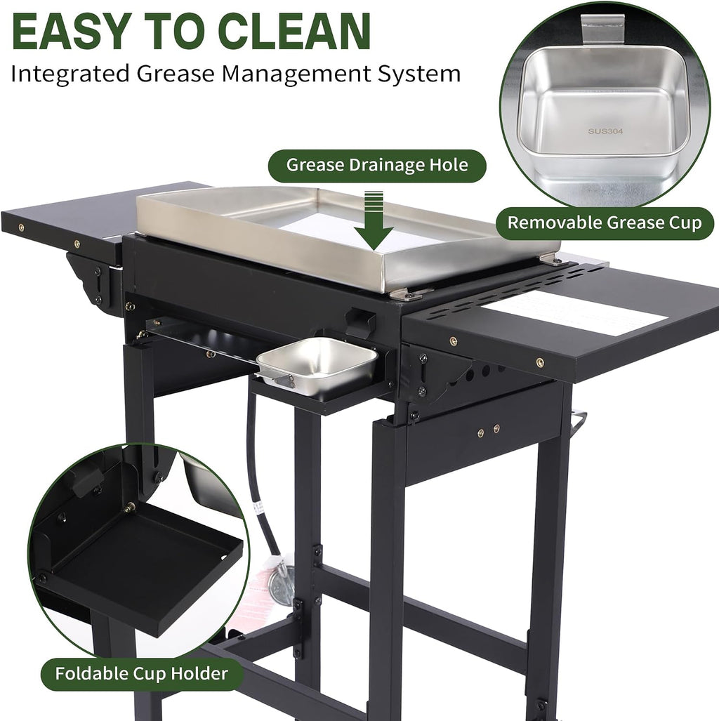 3-Burner Flat Top Grill with Folding Side Tables, Outdoor Griddle Grill with Storage Cover, 30,000 BTU Flat Grill with Stainless Steel Cooking Surface for BBQ, Camping, Tailgating