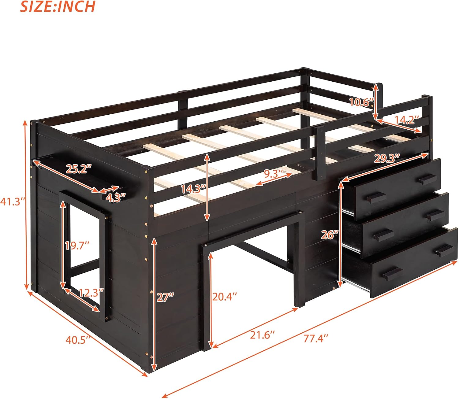 Ball & Cast Twin Size Low Loft Bed with Safety Guardrail & Stair,Wooden Bedframe W/Cabinet & Shelf,Solid Construction,No Spring Box Needed,Furniture Set for Boys Girls Keens Study Bedroom,Espresso