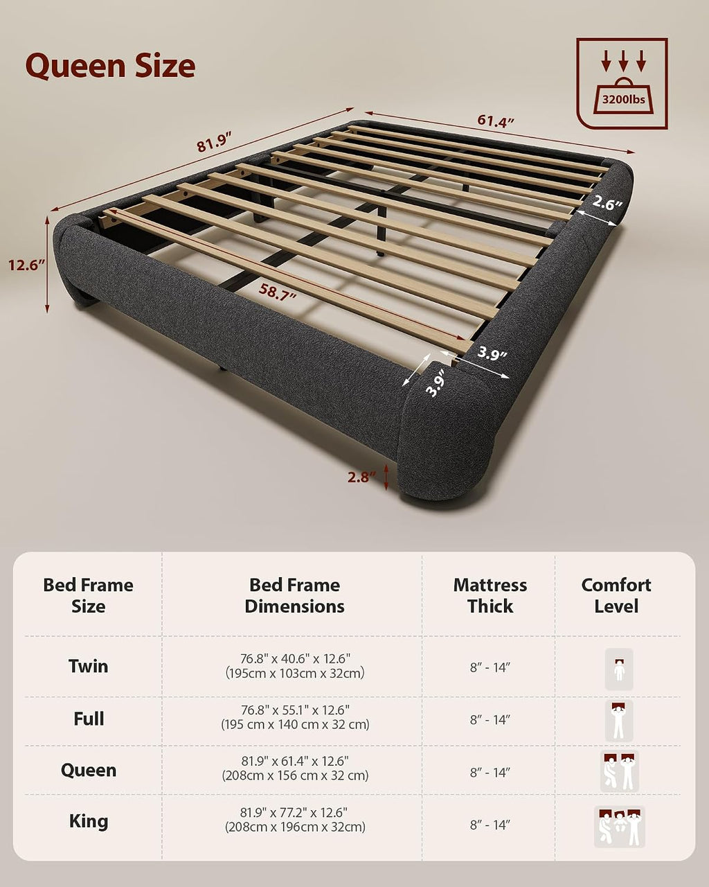 Cloud Platform Bed Frame Queen Size, Soft Boucle Bed Frame with Round Corner, Upholstered Queen Bedframe with Heavy Duty Wood Slat, No Box Spring Needed, Easy Assembly, Dark Grey