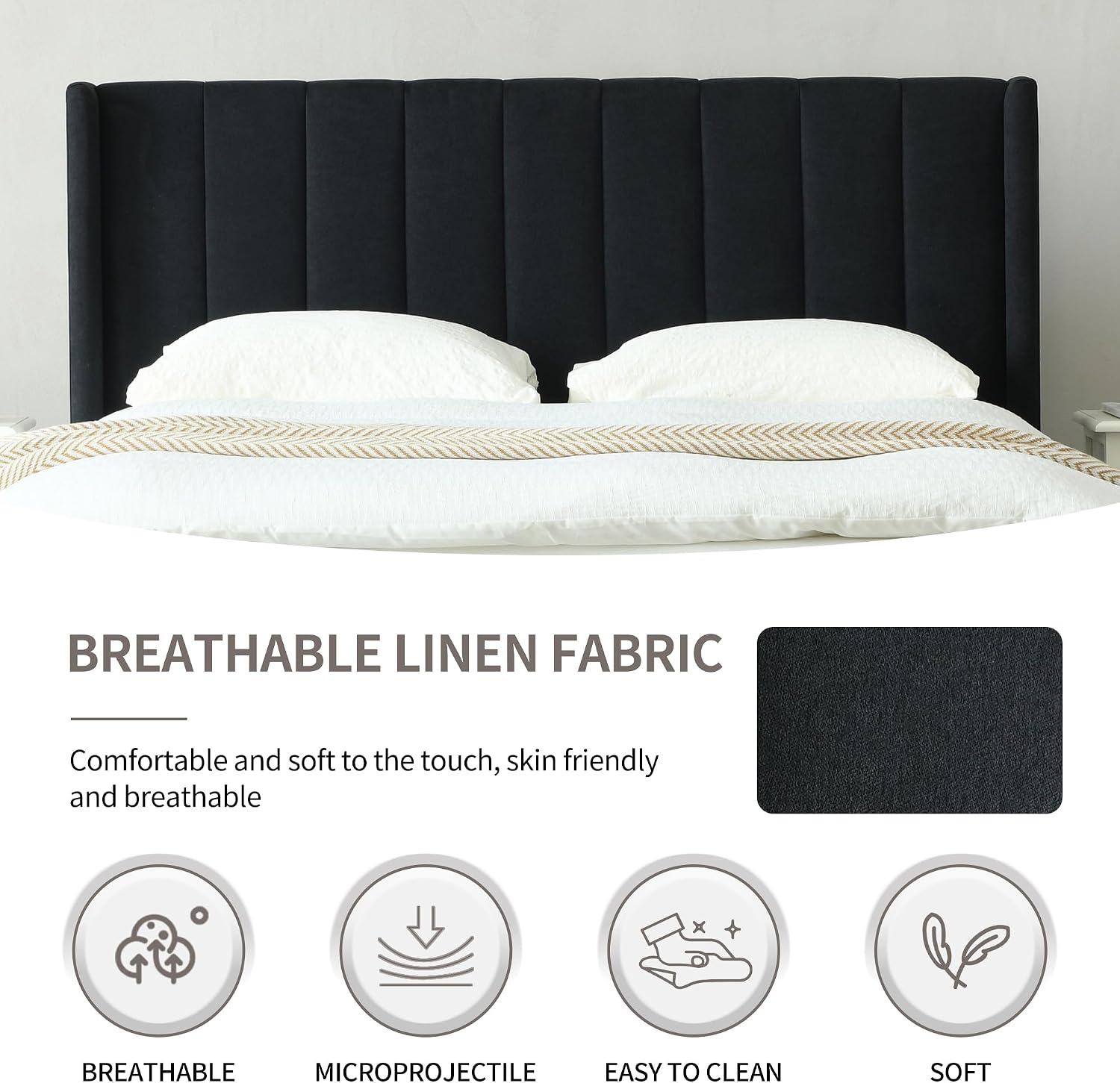 YUHUASHI upholstered Platform Bed Frame/Twin Bed Frame/Modern Geometric Double-Wing Design headboard/Linen Fabric/Easy to Assemble no Noise (Black, Twin)