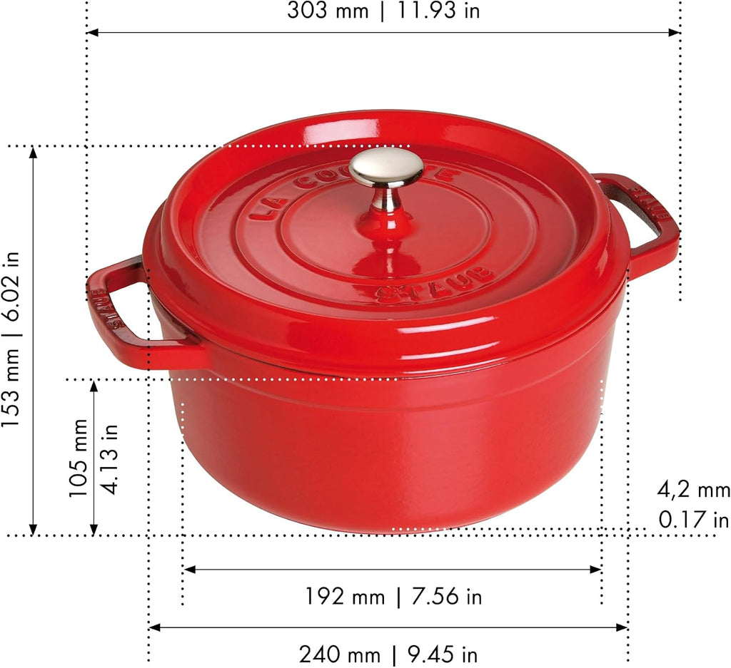Staub Cast Iron Round Cocotte, Dutch Oven, 4-quart, serves 3-4, Made in France, Cherry