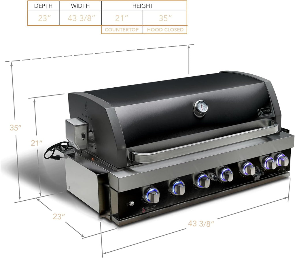 Mont Alpi MABi805-BSSTOOLKIT 44-inch 6 Burner 87000 BTU Black Stainless Steel Built-in Gas Grill + Universal Flat Top Griddle Kit & Pizza Converter + Barbecue 3 Piece Tool Kit with Cleaning Brush