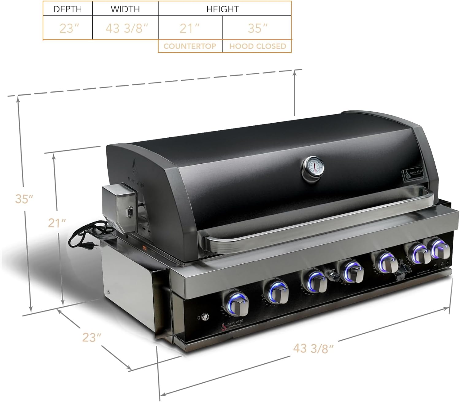 Mont Alpi Premium Black Stainless Steel Outdoor Kitchen Island 44'W 6-Burner Built-in BBQ Grill Head Set with Compact Glass Door Refrigerator + Charcoal Tray and Dual Sided Griddle Plate Combo Bundle