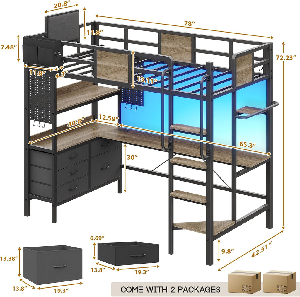 Dnxao Twin Loft Bed with Desk and 5 Storage Drawers,Loft Bed Twin Size with LED Lights and Charging Station, Metal Bunk Bed Frame with Ladder, Clothes Rail,Noise Free,Oak Gray