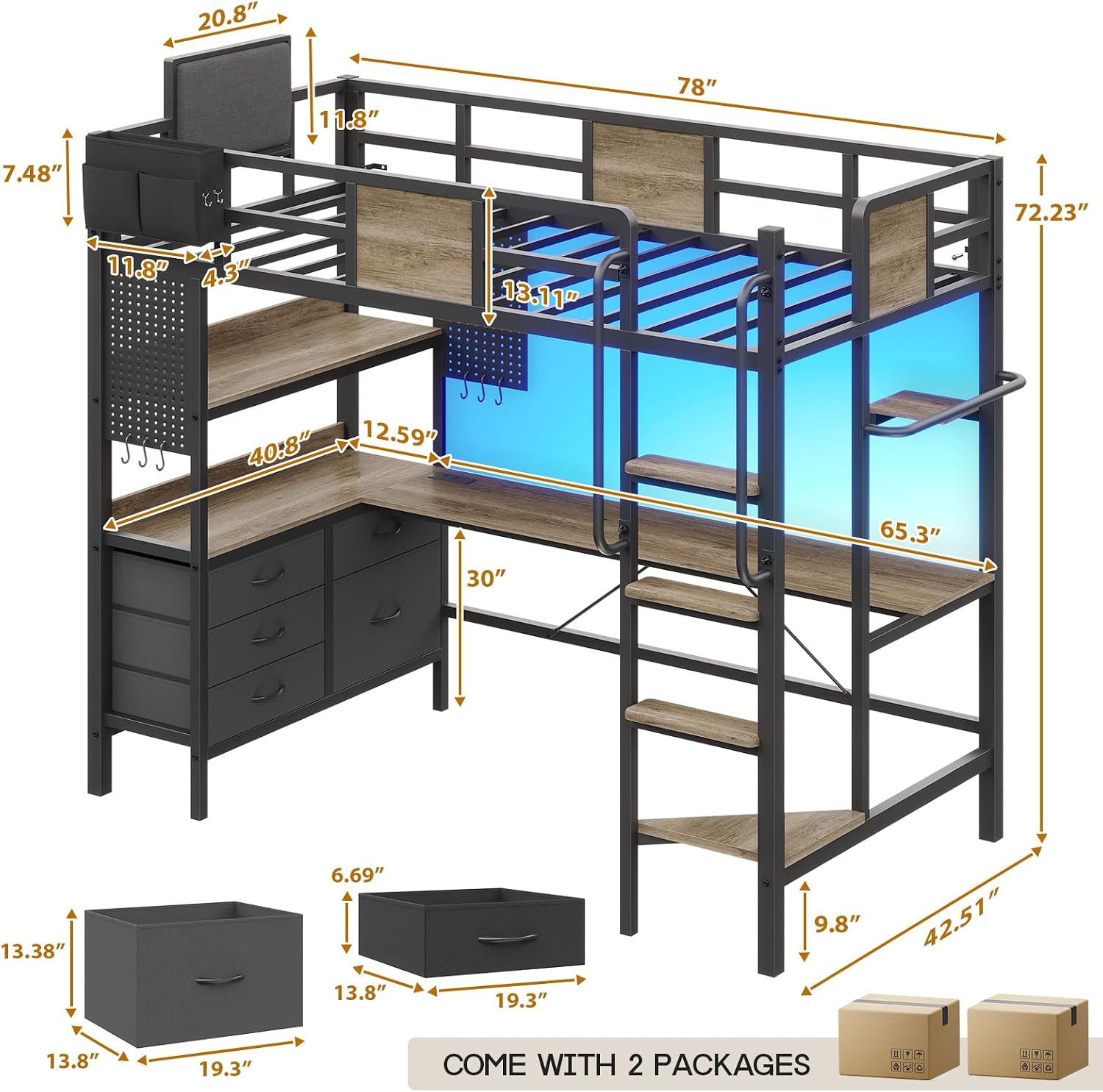 Dnxao Twin Loft Bed with Desk and 5 Storage Drawers,Loft Bed Twin Size with LED Lights and Charging Station, Metal Bunk Bed Frame with Ladder, Clothes Rail,Noise Free,Oak Gray