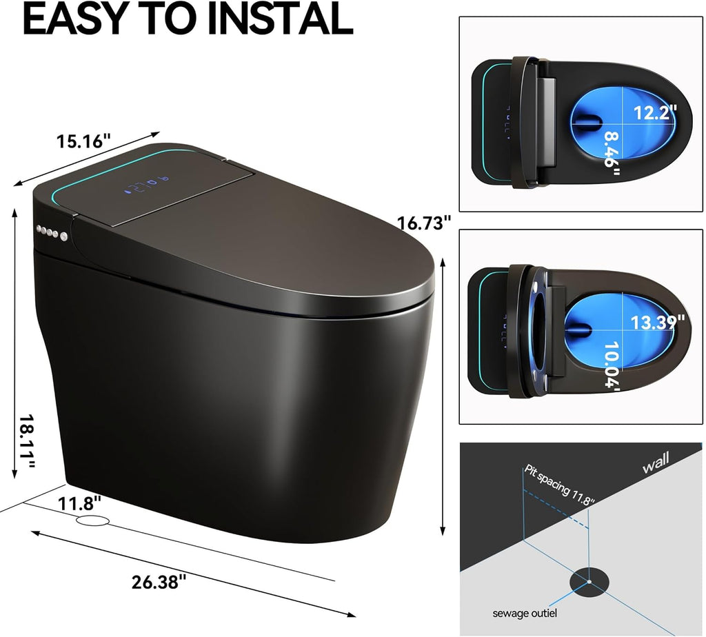 One Piece Toilet,Smart Toilet with Bidet Built In,Ceramic Toilet with Dryer and Warm Water, Intelligent Toilet Auto Open/Close Seat,Heated Seat,Black