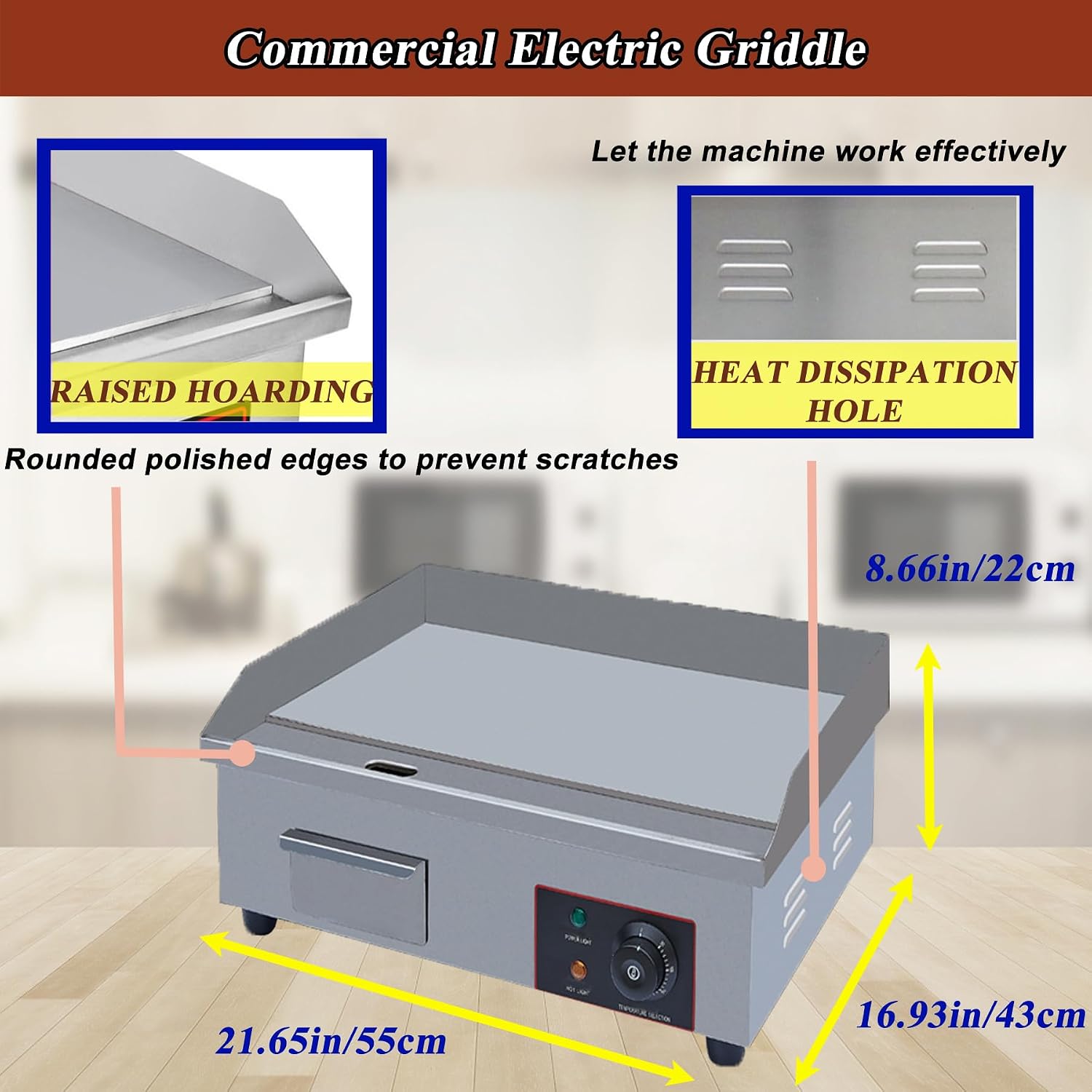 TECHTONGDA Commercial Electric Griddle Countertop Flat Top Griddle Stainless Steel Hot Plate BBQ Teppanyaki Grill Adjustable Temperature Griddle Grill for Home or Restaurant Use