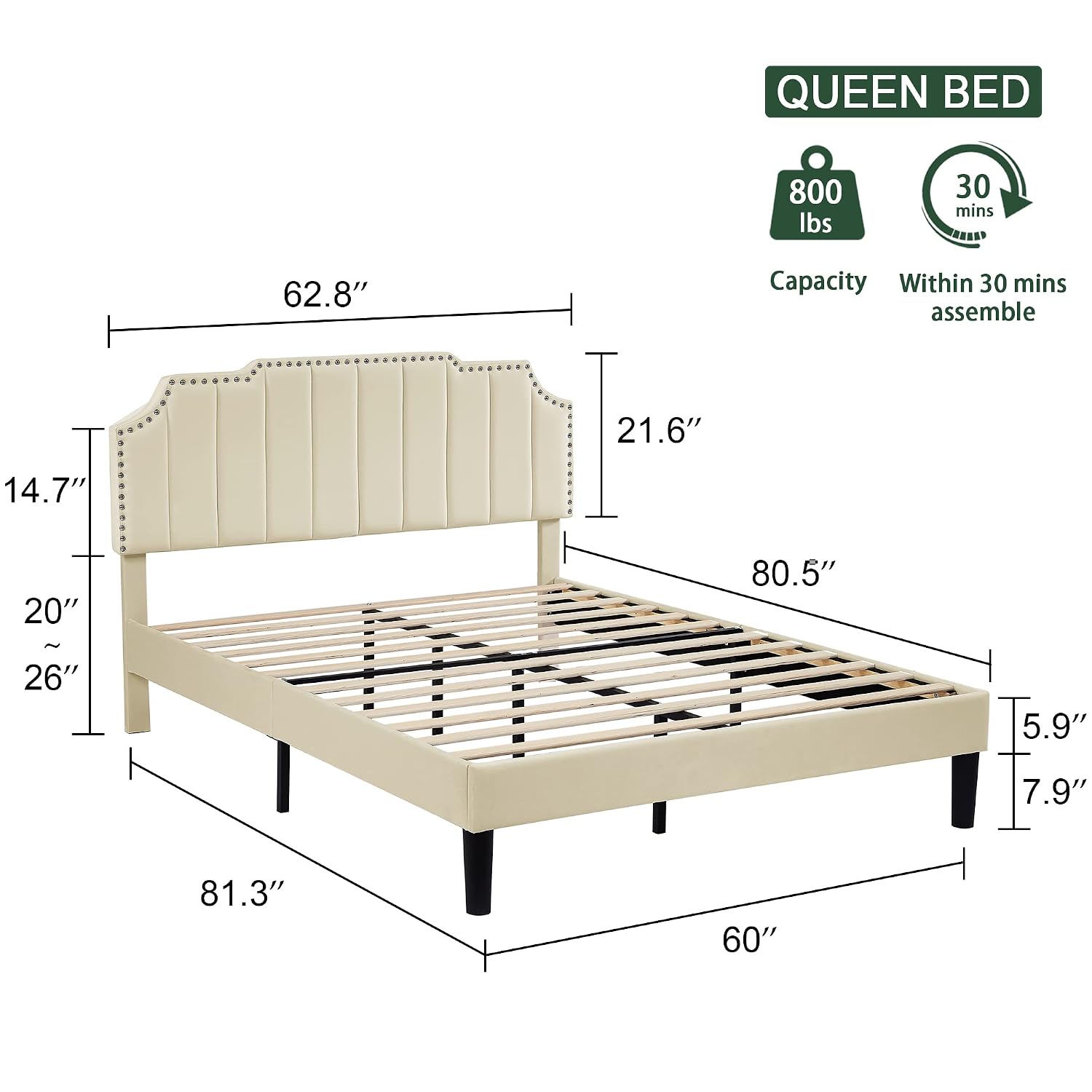 VECELO Queen Velvet Upholstered Platform Bed Frame with Tufted Adjustable Headboard/Mattress Foundation/Wooden Slat Support/Under Bed Storage Space/No Box Spring Needed/Easy Assembly