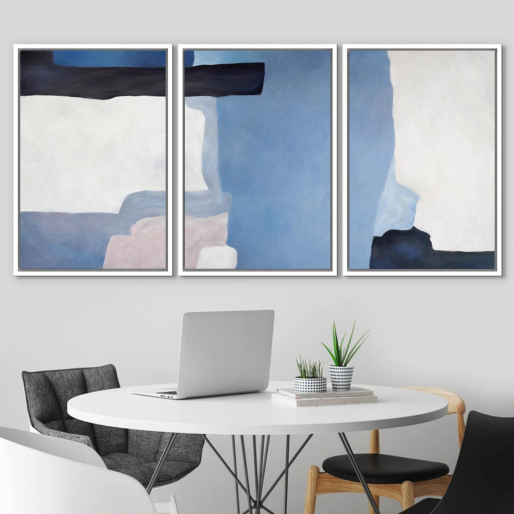 NWT Framed Wall Art Print Set Blue Watercolor Blot Set Abstract Shapes Illustrations Modern Art Minimalist Colorful Pastel for Living Room, Bedroom, Office - 24'x36'x3 White