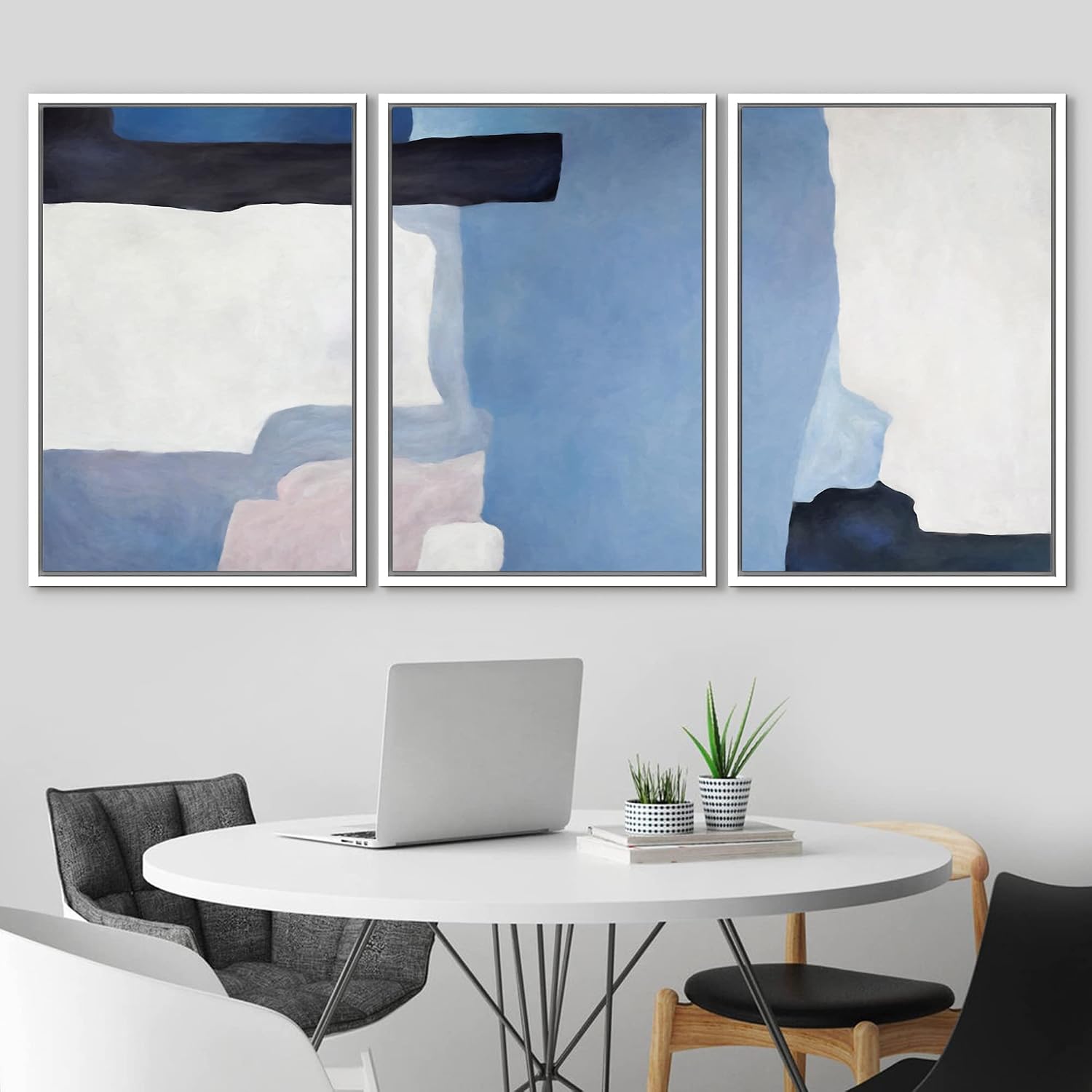 NWT Framed Wall Art Print Set Blue Watercolor Blot Set Abstract Shapes Illustrations Modern Art Minimalist Colorful Pastel for Living Room, Bedroom, Office - 24'x36'x3 White