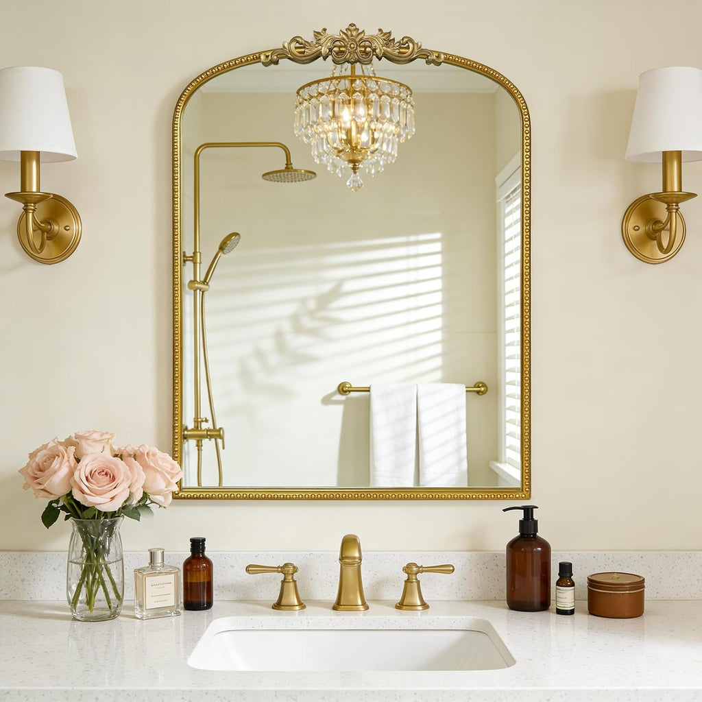 WallBeyond Gold Vintage Mirror for Vanity 24x32 Inch, Gold Antique Mirror with Ornate Frame, Arched Vintage Wall for Bathroom, Living Room, Fireplace, Entryway