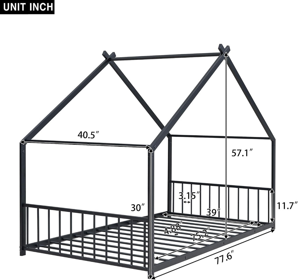 Bellemave Twin Size Floor BedFrame with Slats for Kids, Metal Montessori Floor Beds, Twin House Bed for Kids, Black with roof