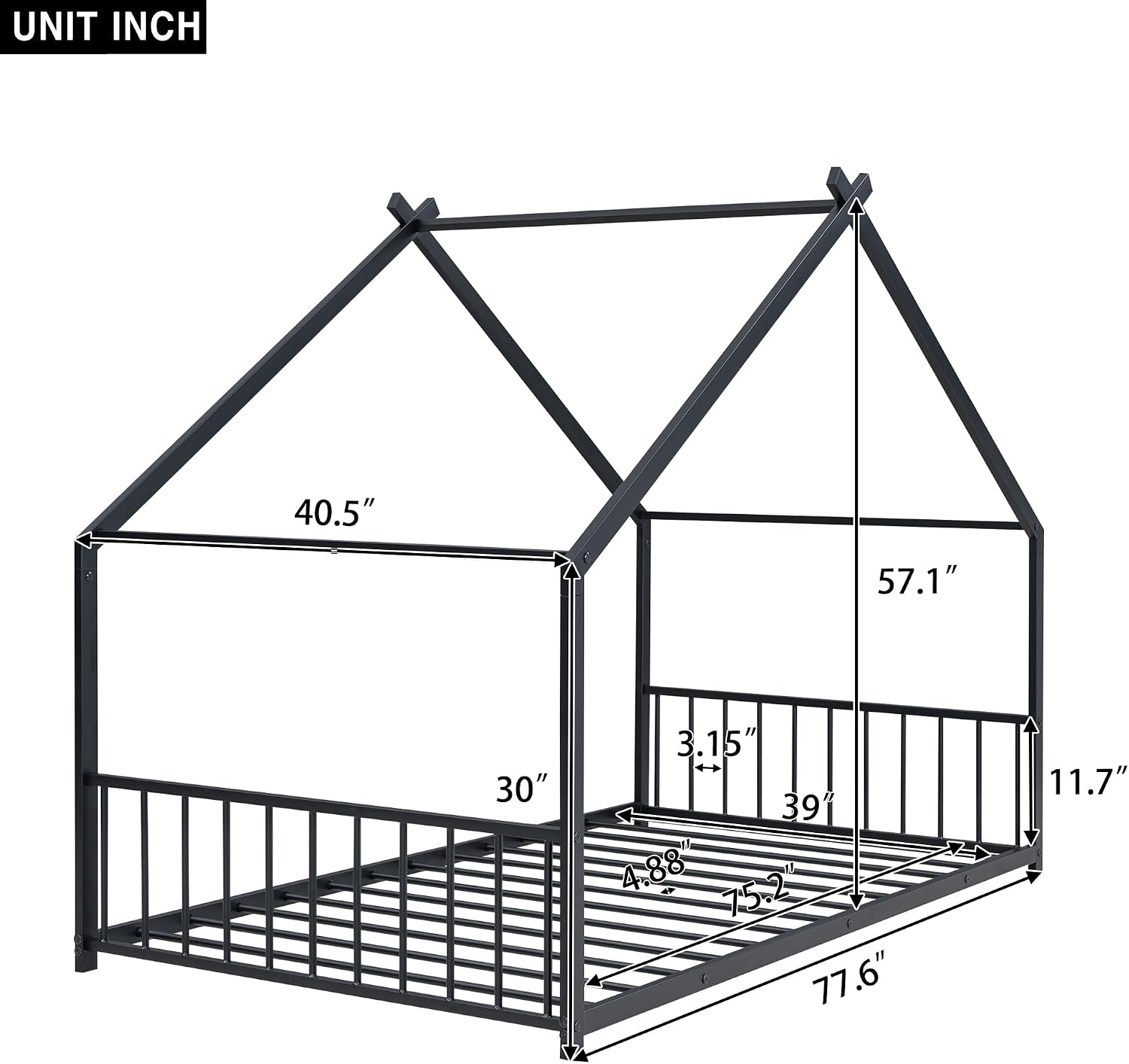 Bellemave Twin Size Floor BedFrame with Slats for Kids, Metal Montessori Floor Beds, Twin House Bed for Kids, Black with roof