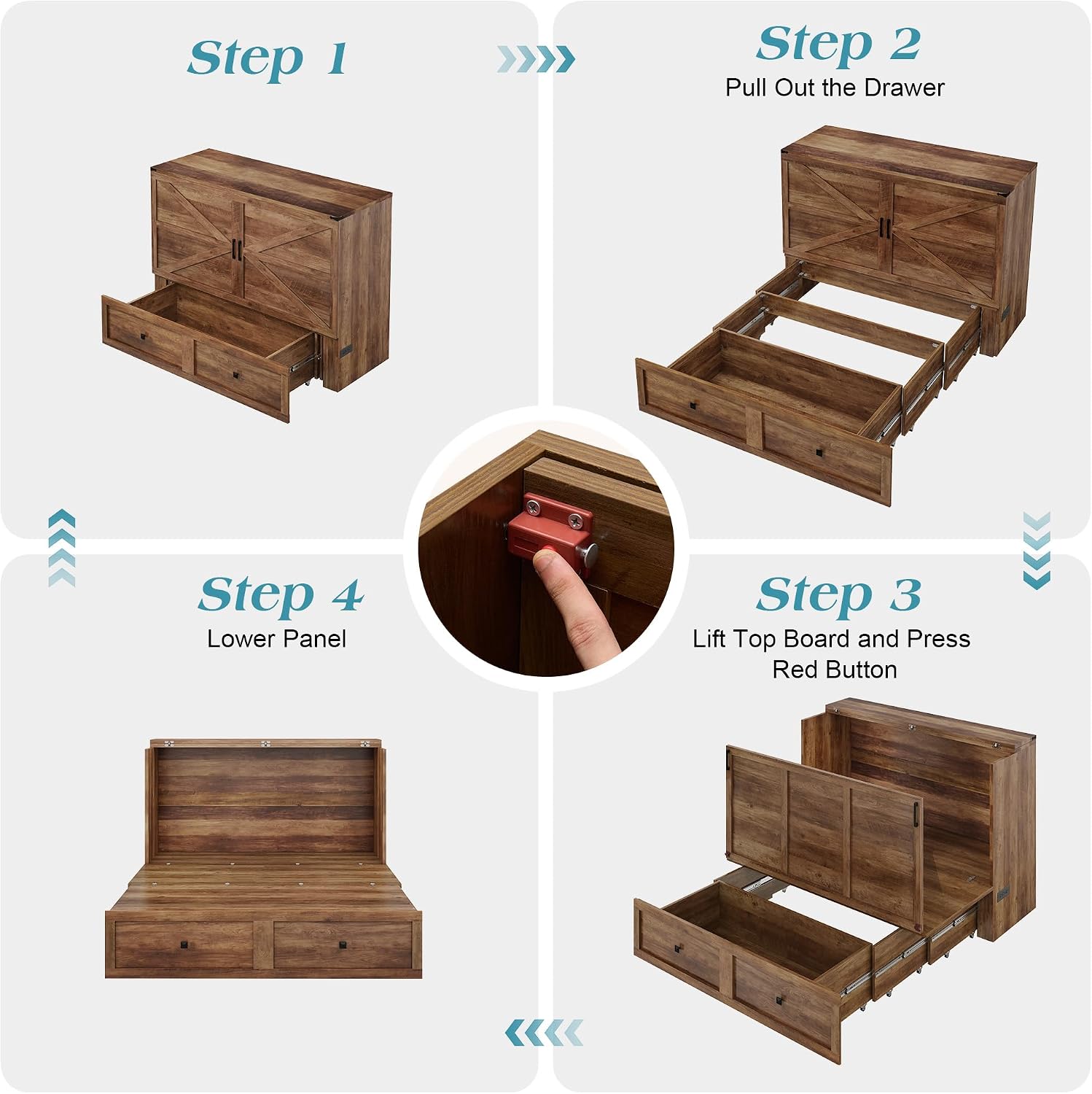 LUXOAK Full Murphy Bed with Storage and Charging Station, Farmhouse Cabinet Bed, Noise-Free, for Guest Room, Apartment, or Office, Barnwood
