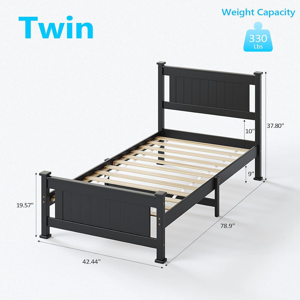 Bonnlo Twin Size Solid Wood Platform Bed Frame, Single Bed with Headboard, No Box Spring Needed Panel Bed, Wood Slat Support Mattress Foundation,Black