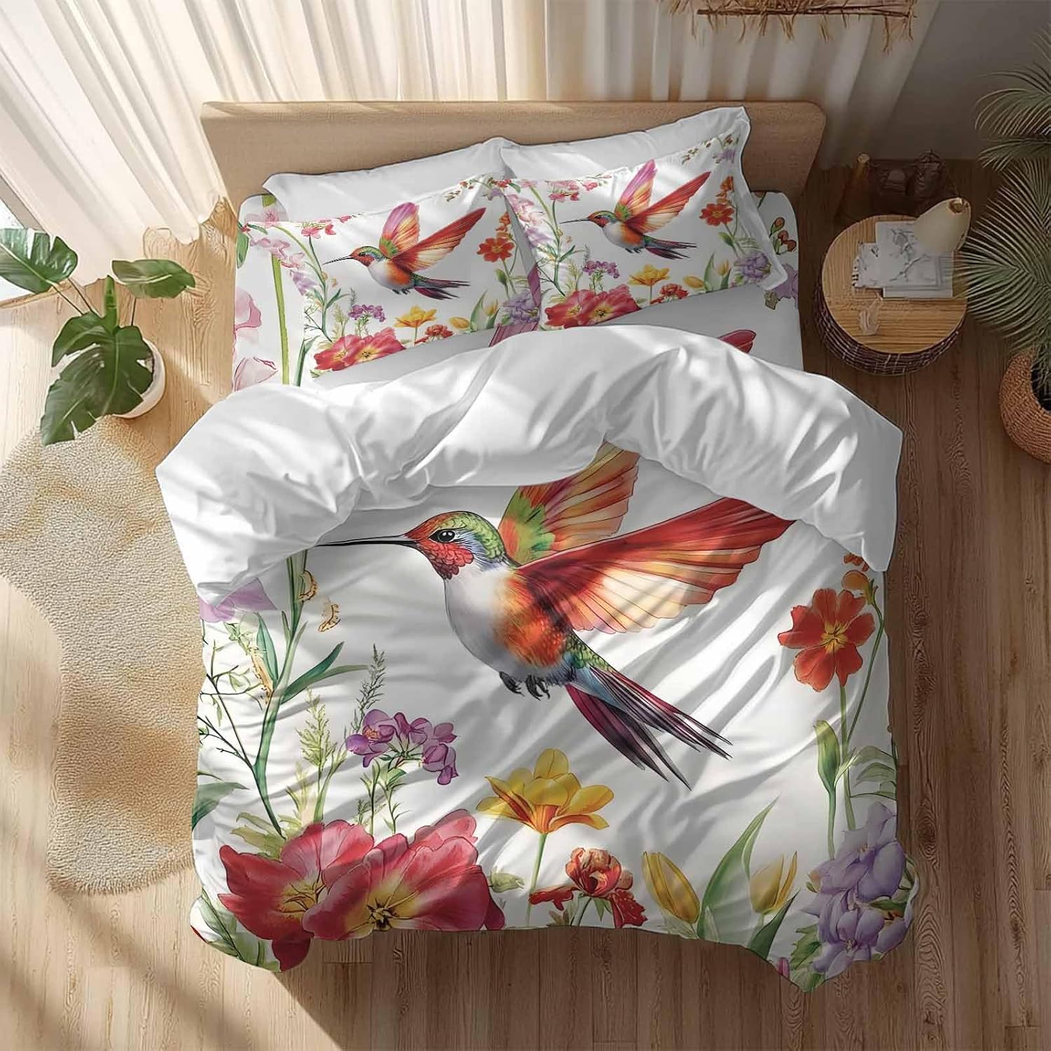 Retro Duvet Cover Set Queen Size 4 Pieces Hummingbird Colorful Floral Pastoral Spring Scenery Bedding Set with Zipper Closure, 1 Comforter Cover 90x92 Inches 1 Flat Sheet & 2 Pillow Cases