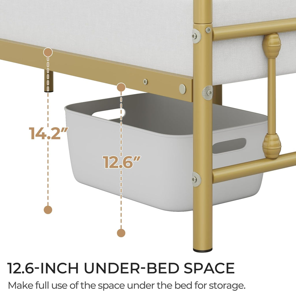 Yaheetech 2Pcs Twin Size Metal Platform Bed Frame with Victorian Style Iron-Art Headboard/Footboard/Under Bed Storage/No Box Spring Needed Antique Gold