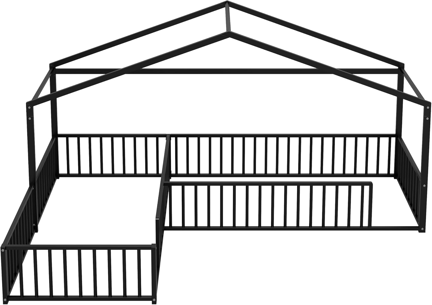 Double Twin Size L-Shaped Montessori Floor Bed Without Slats, Metal Corner House Bed Frame with Fence, Black