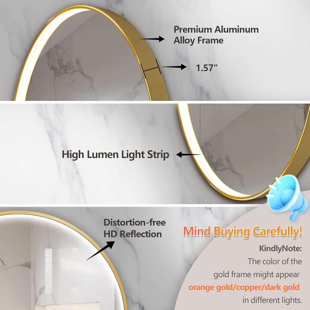 32'x20' Oval Led Mirror for Bathroom, Gold Metal Framed Lighted Vanity Mirror with Lights, Anti-Fog Light Up Mirror with 3 Colors Dimmable, Frontlit, Shatterproof, Horizontal/Vertical