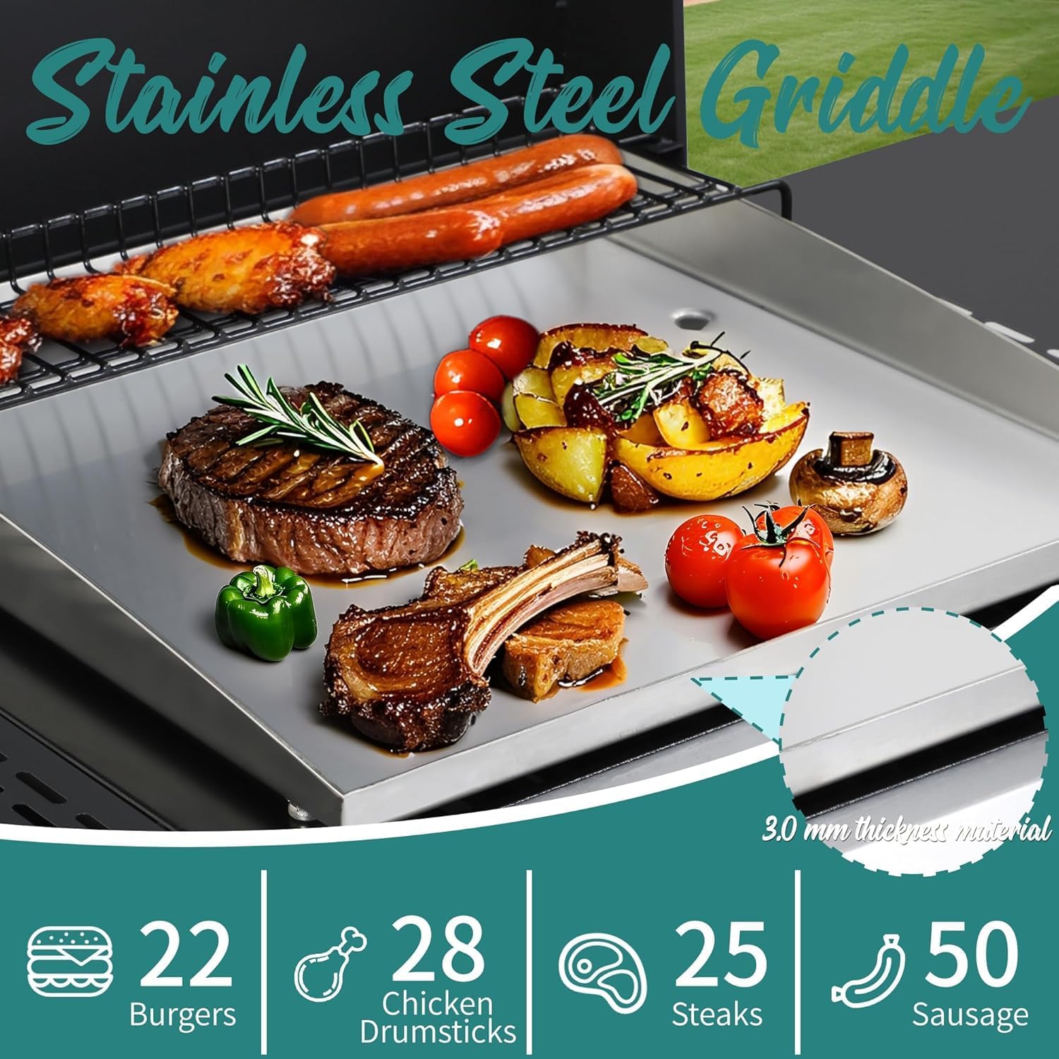 3 Burner Propane Gas Grill with Foldable Side Tables & Lid, 30,000 BTU Outdoor BBQ Grill for Backyard Patio - Stainless Steel Plancha & Cast Iron Cooking Grids Combo