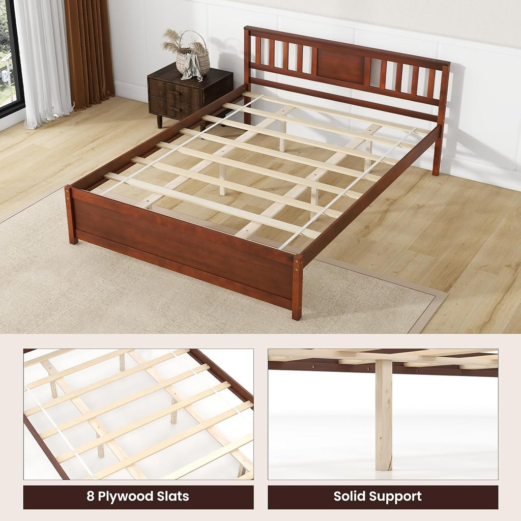 Giantex Queen Size Solid Wood Platform Bed Frame, Mid Century Queen Bed Frame with Headboard, Wood Slat Support, Panel Bed, No Box Spring Needed, Easy Assembly, Walnut