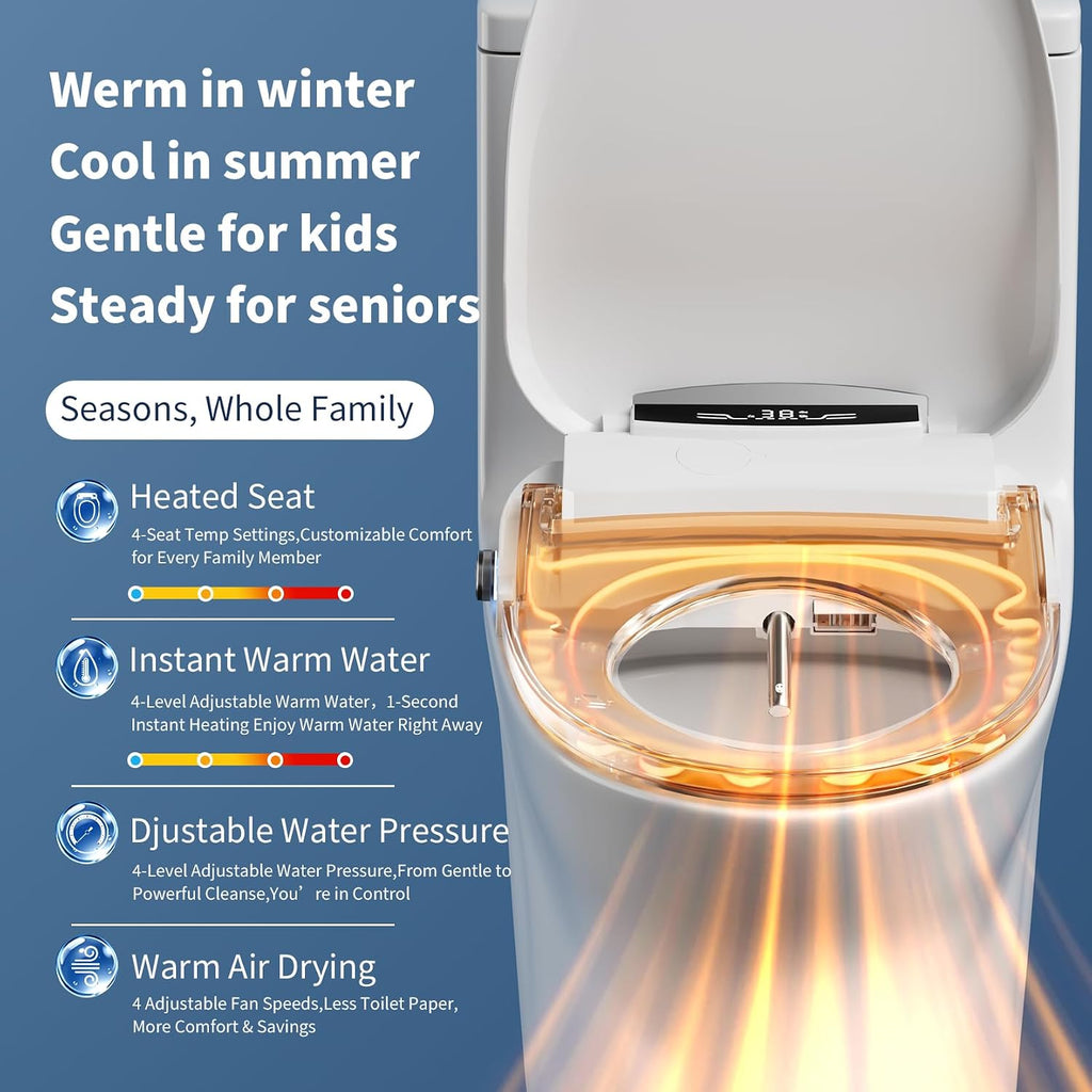 Electric Bidet Toilet Seat Elongated, Instant Warm Water Heated Wash, Self-Cleaning Nozzle, 5X Drying, Anti-Yellowing Quiet Soft Close Lid, Luxury Smart Bidet for Villa&Family, Easy DIY Install