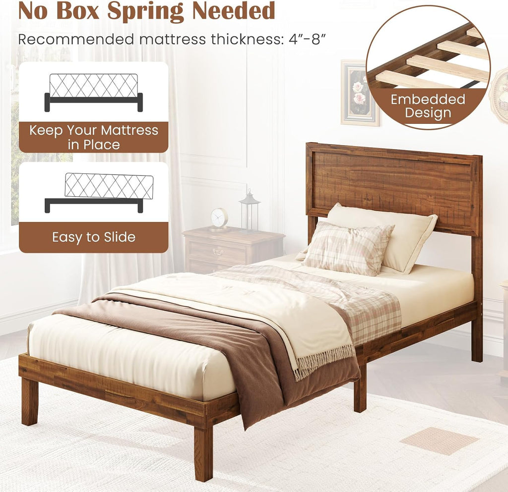 Giantex Wood Twin Bed Frames with Headboard, Mid Century Modern Platform Bed Twin Size with Solid Wood Legs & Wooden Slat Support, Easy Assembly, No Box Spring Needed, Walnut